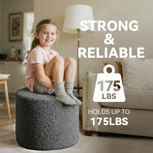 Miniatura 7 de Reposapiés otomano redondo Boucle - Reposapiés suave y ligero con relleno de espuma completa para sala de estar, dormitorio Redondo-gris