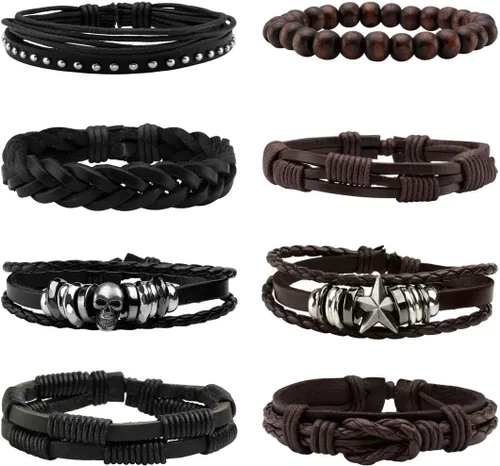 Miniatura 8 de Eigso Pulsera punk unisex de piel sintética con cuentas de madera para hombres y mujeres, cordón ajustable