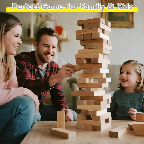Miniatura 6 de GOROCK Juego de torre gigante de volteo, juego de apilamiento de bloques de madera de 57 piezas (más de 4.2 pies), juegos clásicos familiares