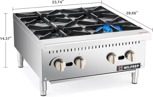 Miniatura 5 de WILPREP Cocina de gas para encimera, estufa de gas de encimera de 4 quemadores con 100,000 BTU, propano de 24 pulgadas con rejillas de kit