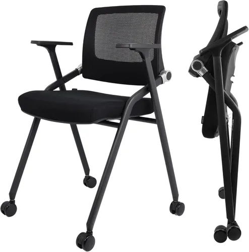 Paquete de 2 sillas de oficina plegables con ruedas, respaldo de malla, brazos y portátiles, sillas de oficina plegables para silla de sala de Negro