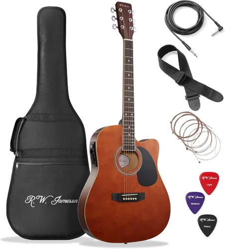 Miniatura 11 de Jameson Guitars - Guitarra eléctrica acústica de tamaño completo Thinline con funda y púas Natural para diestros