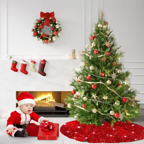 Miniatura 6 de MODFUNS Falda Roja para Árbol de Navidad Mini Faldas con Purpurina para Árbol de 21 Pulgadas Falda para Árbol de Navidad con Lentejuelas Tapete