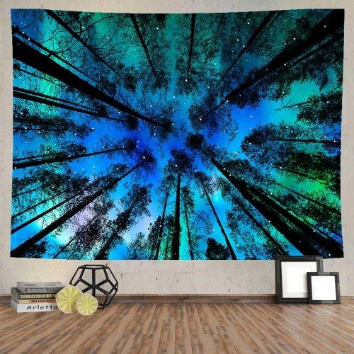 Ine Ive Northern Lights Forest Tapestry Psychedelic Aesthetic Starry Night Nature Landscape Tapestry Wall Hanging 80x60Inch Flannel Trippy Galaxy