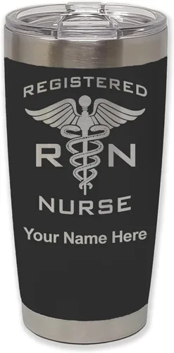 LaserGram Vaso aislado al vacío de 20 onzas, enfermera registrada RN, grabado personalizado incluido (negro)