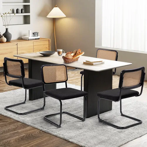 Miniatura 15 de KROFEM Juego de 2 sillas de comedor, sillas modernas de ratán para la cocina, diseño moderno de mediados de siglo, estructura de cromo pulido, Negro