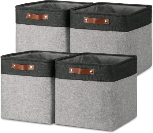 Miniatura 13 de Temary Cestas de almacenamiento de tela, paquete de 4 cestas para organizar, cestas de tela plegables con asas para estantes, armario (negro y gris)