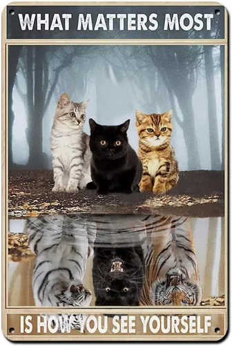 Letrero retro de metal negro con diseño de gato con texto en inglés «What Matters Most is How You See Yourself», letrero inspirador vintage para el