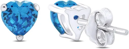 Miniatura 4 de Aretes de tuerca con piedra natal simulada en forma de corazón en oro blanco de 14 quilates sobre plata esterlina, regalo para ella