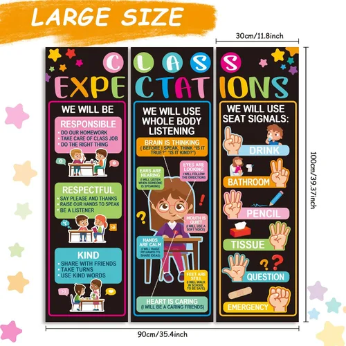 Miniatura 2 de Póster gigante de 3 piezas de expectativas de clase para decoración de aula, reglas de clase, póster de pared, carteles educativos de regreso a