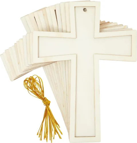 Bright Creations Cruces de madera para manualidades, 3.8 x 5 pulgadas, paquete de 12, cuerda dorada, cruces de madera pintables para manualidades y