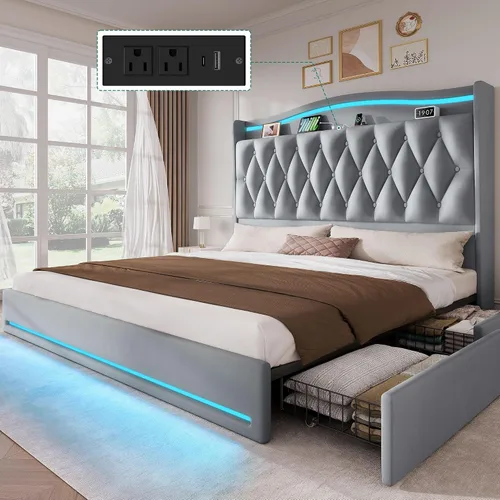 Miniatura 9 de YITAHOME Base de cama tamaño King con 4 cajones de almacenamiento y luces LED RGB, cama tapizada de terciopelo de 57 pulgadas de alto con estación