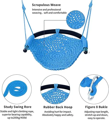 Miniatura 5 de Columpio tejido a mano para niños, columpio para niños con cuerdas ajustables, juego de columpio seguro para niños, para interiores, exteriores
