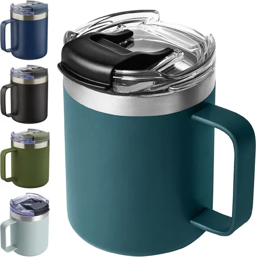 Miniatura 10 de Taza de café aislada de 12 onzas con asa, taza de café de viaje de acero inoxidable con tapa abatible, vaso de café de doble pared con aislamiento