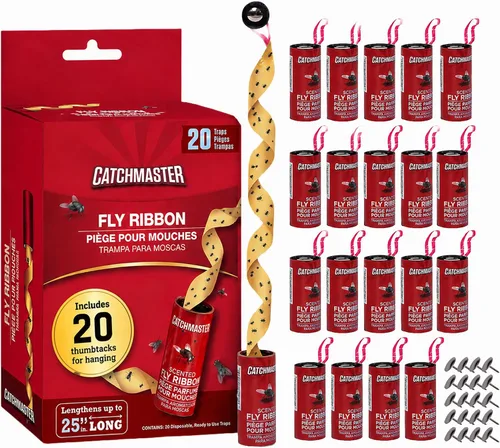 Catchmaster - Cinta atrapamoscas pegajosa, mata-insectos para interiores y exteriores, paquete de 20 rollos