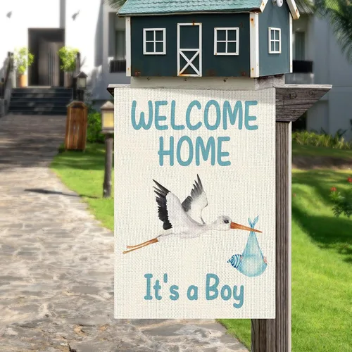 Miniatura 4 de DLZDN Bandera de jardín de bienvenida a casa para bebé, baby shower, bandera de jardín de 12 x 18 pulgadas, bandera de arpillera de doble cara