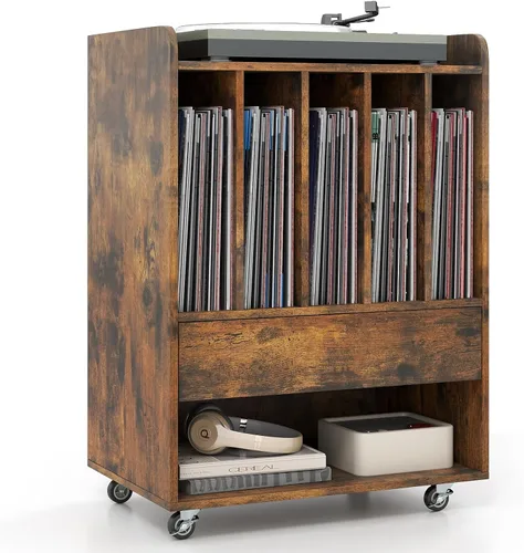 LOKO Soporte para tocadiscos sobre ruedas, soporte giratorio con 5 compartimentos, cajón y estante abierto, estante de exhibición de vinilo para