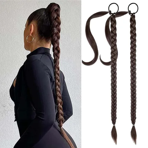 Miniatura 12 de Extensión de cola de caballo de trenza larga con lazo elástico, 1 unidad, extensiones de cabello sintético lacio y elegante envolvente para mujer
