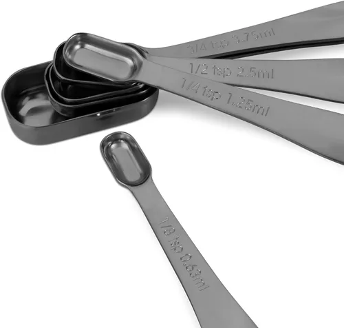 Miniatura 3 de Juego de 6 cucharas medidoras de acero inoxidable 18/8 precisas, resistente con buen mango, con conector de anillo, color gris oscuro