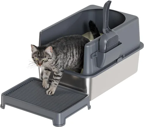 Miniatura 7 de Booche Caja de arena de acero inoxidable para gatos de alta cara, caja de arena de acero inoxidable con tapa, bandeja de arena de metal extragrande