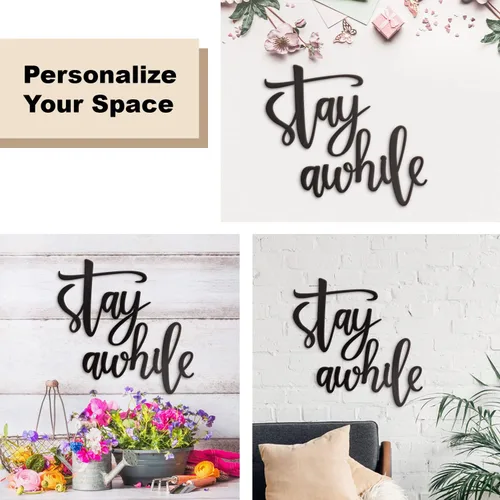 Miniatura 6 de Vivegate Letreros metálicos para pared con texto en inglés «Stay Awhile», 2 letreros negros para decoración del hogar (mediano: 28 x 12 pulgadas)