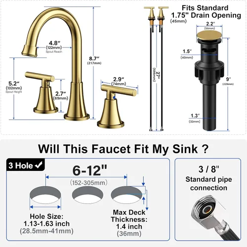 Miniatura 6 de Grifos de Baño para Lavabo de 3 Orificios, Hurran Grifo de Lavabo de Baño Dorado Cepillado con Desagüe Pop-up y Líneas de Suministro, Grifo Oro