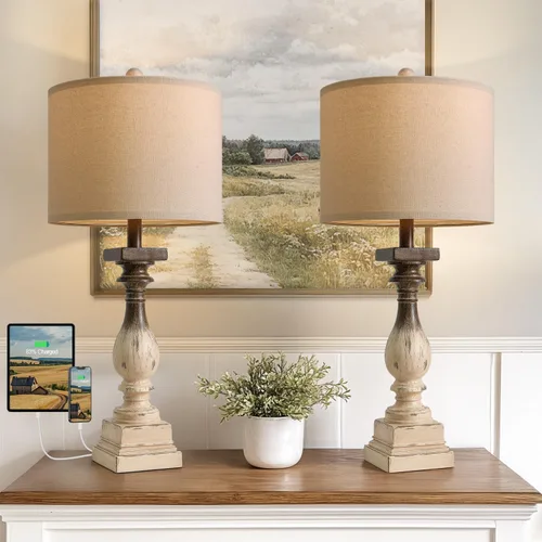 Miniatura 10 de BOBOMOMO Juego de 2 lámparas de mesa estilo granja de 27 pulgadas con USB A+C para dormitorio, sala de estar, lámparas vintage rústicas