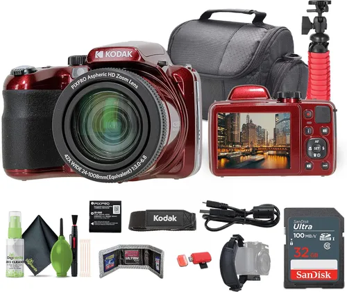 Kodak PIXPRO AZ425 - Cámara digital para vlogging de 20 MP (rojo) zoom óptico 42X, paquete de lentes gran angular de 0.94 pulgadas con tarjeta de