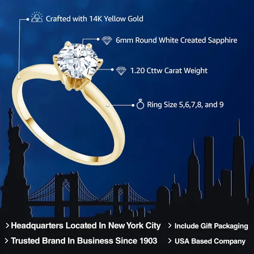 Miniatura 33 de Anillo de compromiso solitario con piedra preciosa redonda de oro amarillo de 14 quilates de 0.236 in para mujer Ajuste clásico de 6 puntas