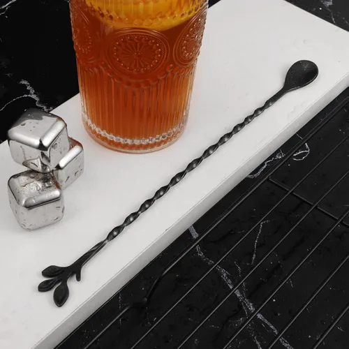 Miniatura 3 de AnSaw - Cuchara de cóctel de acero inoxidable de 10 pulgadas con mango de hoja, negra - Perfecta para mezclar y estratificar bebidas en vasos altos
