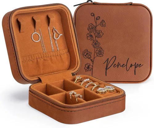 Miniatura 7 de Joyero de cuero personalizado con nombre y mes de la flor de nacimiento, regalos de cumpleaños para mujeres, estuche de viaje de joyería Negro