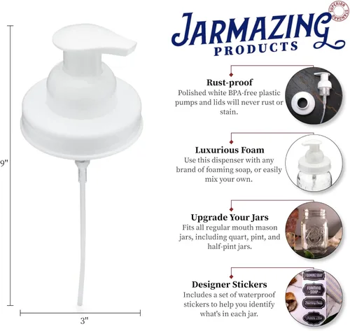 Miniatura 2 de Jarmazing Products Mason Jar - Tapas dispensadoras de jabón espumoso, incluye calcomanías impermeables, color blanco, paquete de 2