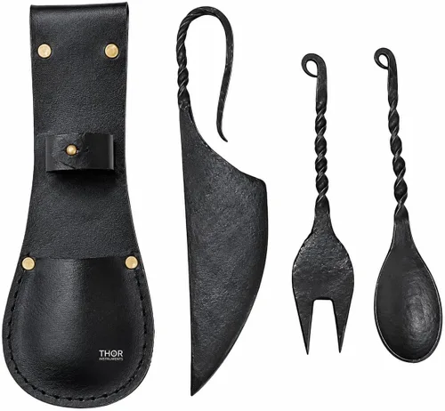 Juego de 3 piezas de cubiertos medieval, cuchillo, tenedor, cuchara con funda de cuero, decoración rústica vintage para el hogar, regalos