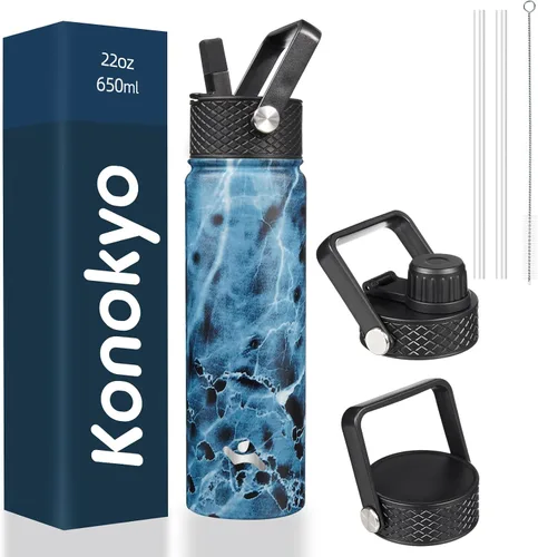 Miniatura 134 de Konokyo - Botella de agua aislada de 18 onzas, botellas deportivas de acero inoxidable con 3 tapas, verde militar
