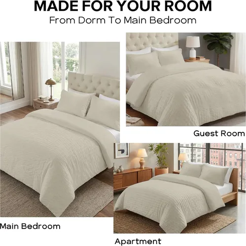 Miniatura 7 de Cozyide Beige Queen Duvet Cover Set, 3 Pieces Soft Seersucker Queen Size Duvet Cover with Zipper Closure and Corner Ties, 90"x90" Duvet Cover with 2