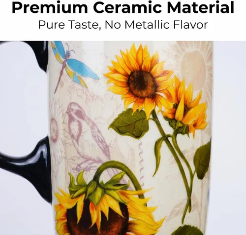Miniatura 5 de Topadorn Taza de café de cerámica de girasol de 17 onzas con tapa, taza de té y café con leche de porcelana floral vintage, apta para microondas