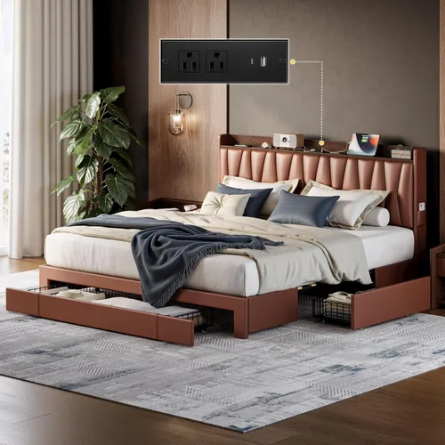 ANCTOR Base de cama King con 3 cajones de almacenamiento, cabecera de almacenamiento con estación de carga, marco de cama de plataforma para