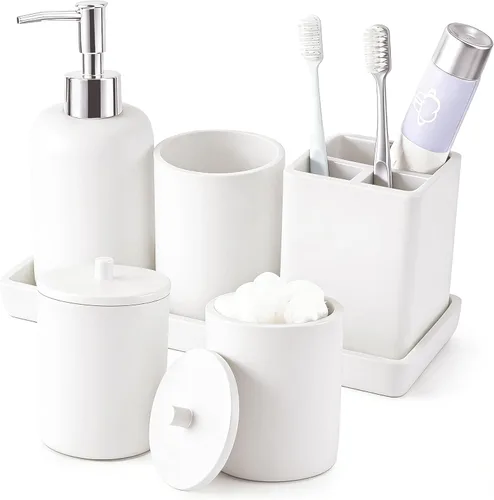 Miniatura 12 de Juego de baño de resina de 6 piezas color beige completo con soporte para cepillos de dientes, dispensador de jabón de loción, 2 dispensadores