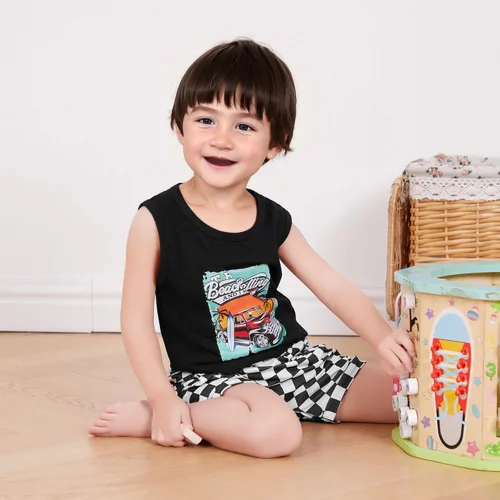 Miniatura 12 de Ropa de bebé niño sin mangas + pantalones cortos con estampado a rayas con bolsillos, 2 piezas de trajes de verano