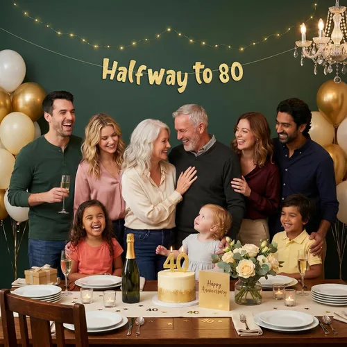 Miniatura 7 de Cartel con purpurina dorada preencordada de medio camino a 80, decoraciones de 40 cumpleaños y aniversario para hombres y mujeres, suministros