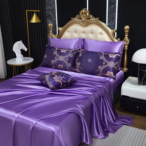 Miniatura 7 de Juego de edredón morado tamaño Queen, juego de sábanas de satén jacquard de 8 piezas bordado neoclásico floral elegante cama decoración del hogar