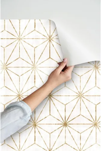 Miniatura 3 de Papel tapiz para despegar y pegar, diseño geométrico de estrellas, triángulos geométricos de oro blanco, abstracto, minimalista, extraíble, por