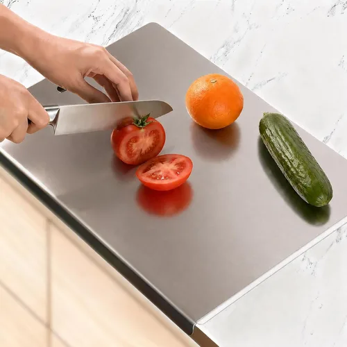 Miniatura 11 de Tabla de cortar grande de acero inoxidable con borde para cocina, tablas de cortar con alfombrilla antideslizante naranja, tabla de cortar con borde