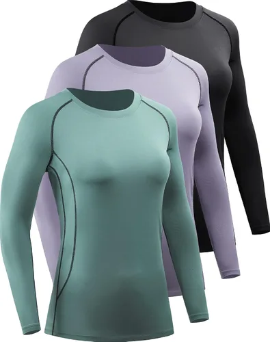 Miniatura 79 de CADMUS Paquete de 1 o 3 camisetas de entrenamiento de manga larga para mujer, camiseta de compresión de ajuste seco para correr