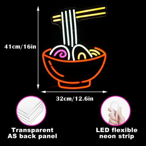 Miniatura 4 de Letrero de neón de ramen regulable, luces LED de neón de fideos ramen para decoración de pared, 16.1''X12.6'' letreros de neón vibrantes alimentados