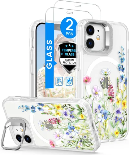 Dretal Funda para iPhone 12 Mini / 13 Mini floral, con protector de pantalla, soporte para cámara, protección de grado militar, translúcida mate,
