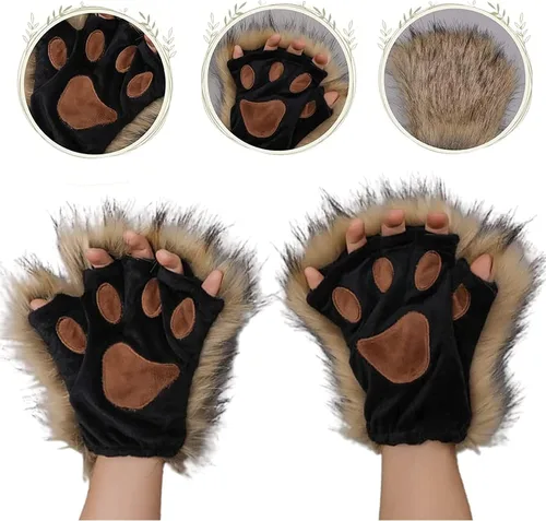 Miniatura 3 de HAOAN Guantes de pata de lobo de piel sintética para gatos, guantes sin dedos, para invierno, cálidos, cosplay, Halloween, fiesta de disfraces