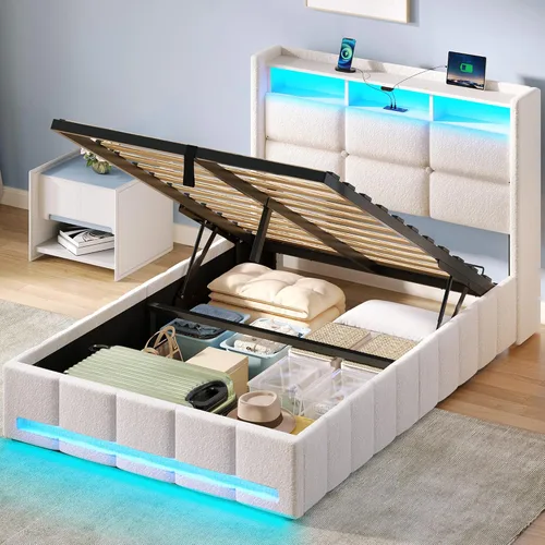 Miniatura 11 de Rolanstar Marco de cama tamaño completo con almacenamiento elevable, estación de carga y luces LED, cabecera tapizada con almacenamiento, listones