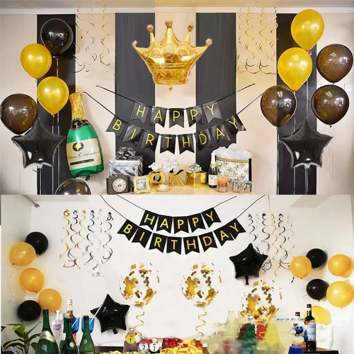 Miniatura 3 de Kit de decoración de fiesta de cumpleaños: pancarta de feliz cumpleaños, globo de corona dorada y globos de látex negros, suministros perfectos