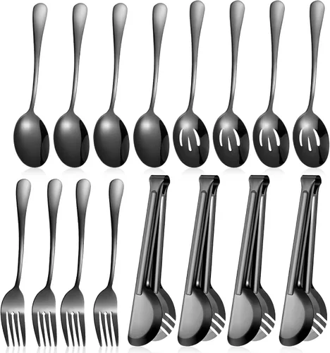 Miniatura 9 de Patelai Juego de 8 utensilios de acero inoxidable negro para servir, cucharas grandes de 8.7 pulgadas y cuchara ranurada, tenedores de 9.45